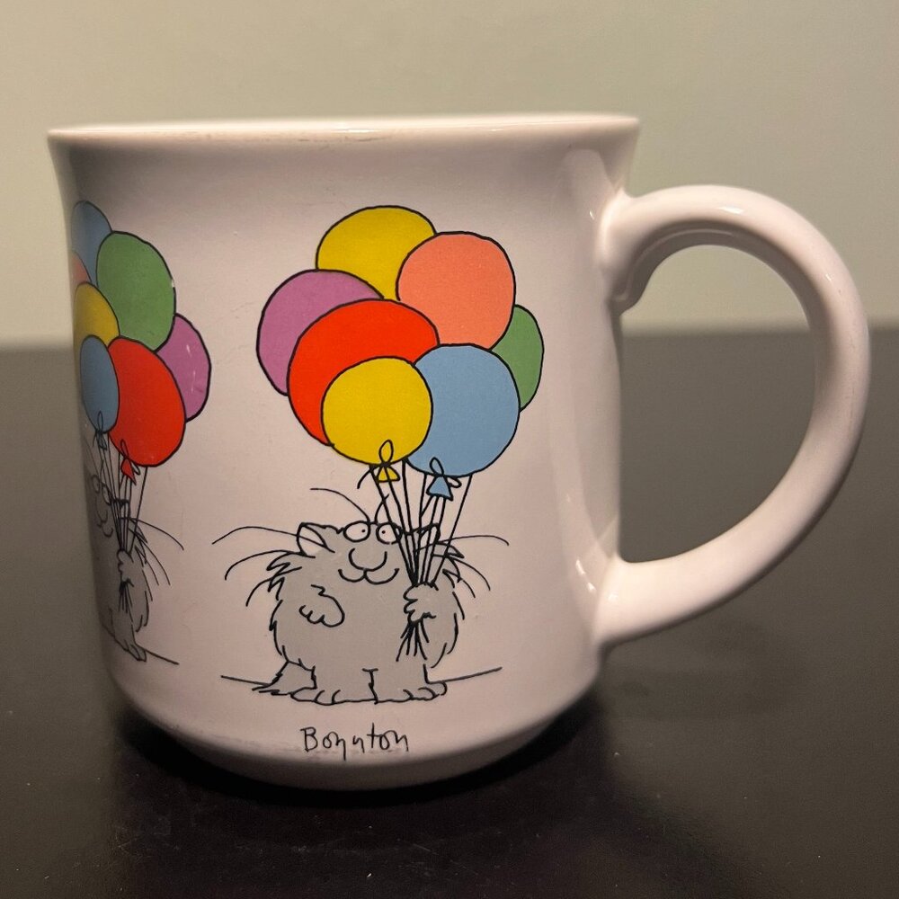 Vintage SANDRA BOYNTON Cat Holding Balloons Celebration Mug 1980's ~ Japan